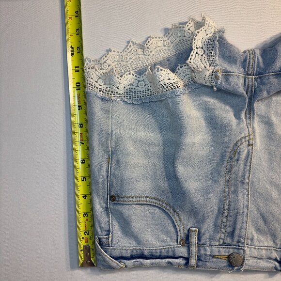 Free People Lacey Distressed Denim Cutoff Lace Hem High Rise Shorts, W28 - Picture 5 of 12